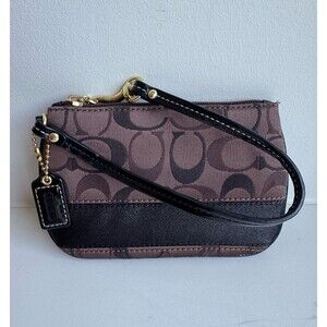 Coach Signature Canvas Black Brown Mini Zip Wristlet Pouch